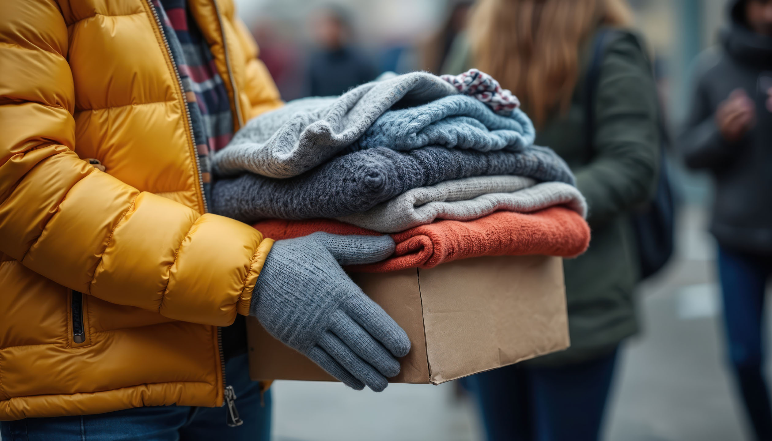 Eine Person trägt eine Kiste mit warmer Kleidung als Spende