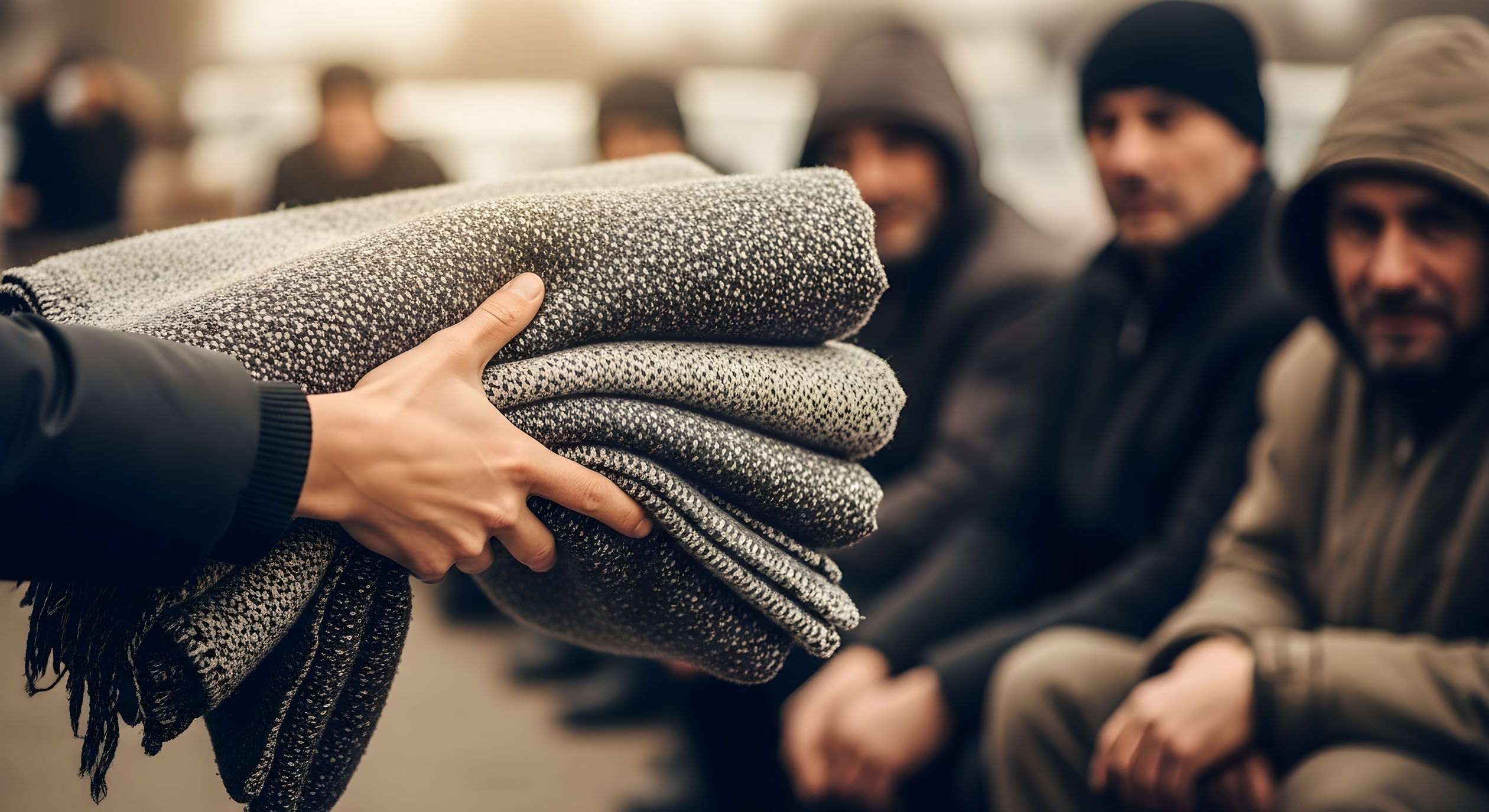 Eine Person verteilt wärmende Decken an bedürftige Menschen