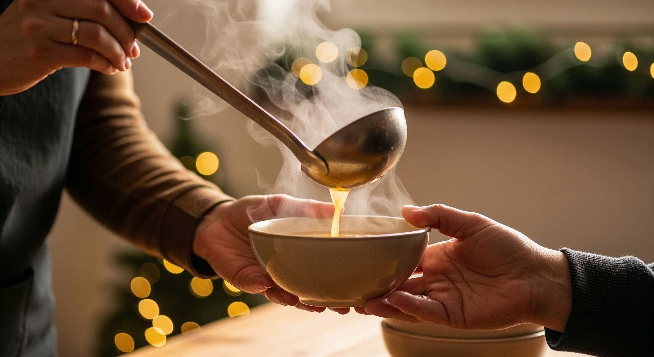 Eine Person verteilt warme dampfende Suppe an eine bedürftigen Menschen