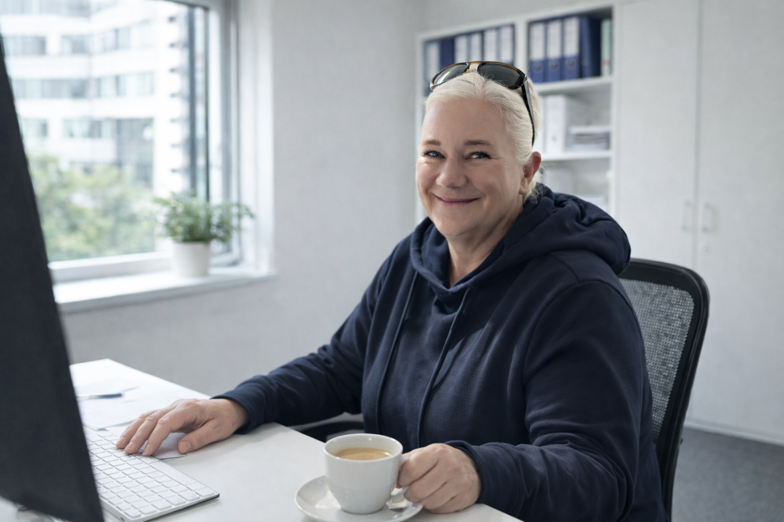 Veronika Aichinger - Blonde Frau sitzt am Schreibtisch mit einem Kaffee und lächelt