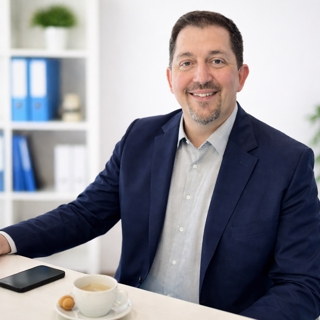 Wolfgang Sauer - Mann sitzt lächelnd am Schreibtisch mit einem Kaffee und Handy